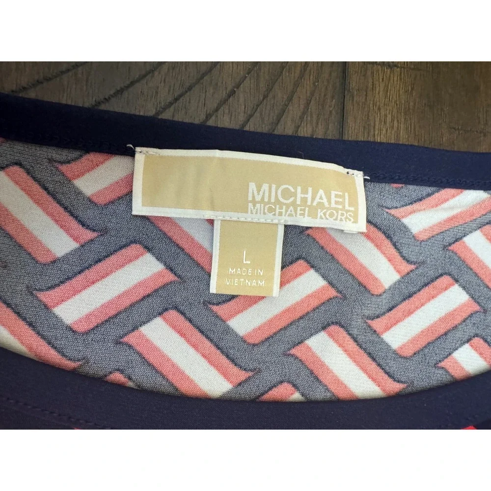 Michael Kors Women's Navy Red Geometric Link Print Cap Sleeve Sheath Dress Large